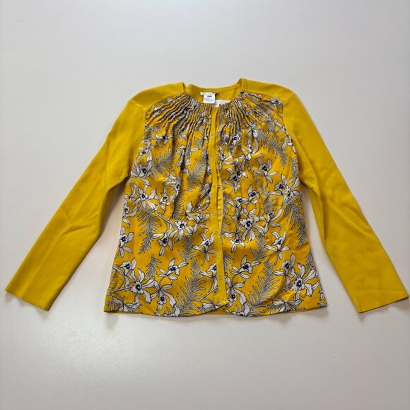 Oscar de la Renta Cardigan Snap Closure Yellow Blue Floral Pleated Coordinated - Picture 1 of 7